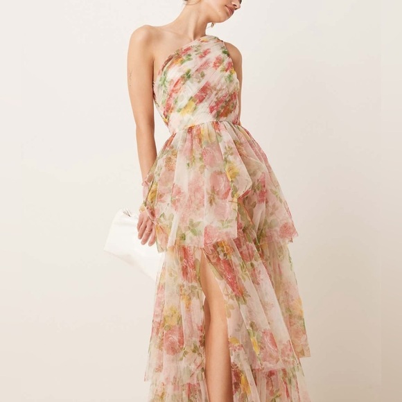 ASOS Lace & Bead One Shoulder Tiered Tulle Maxi Dress in Bright Floral - US 2 - Picture 3 of 6